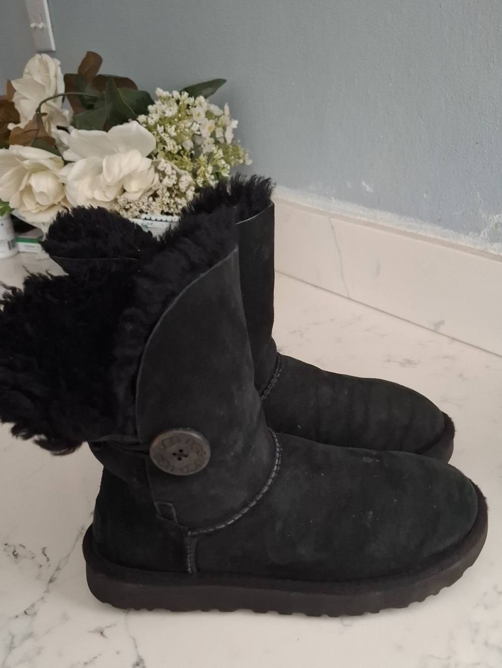 UGG Black Suede Button Short Boot with Shearling